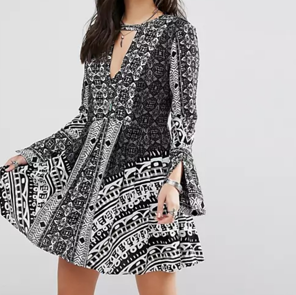 Free People Teagan Border Print Keyhole Mini Dress